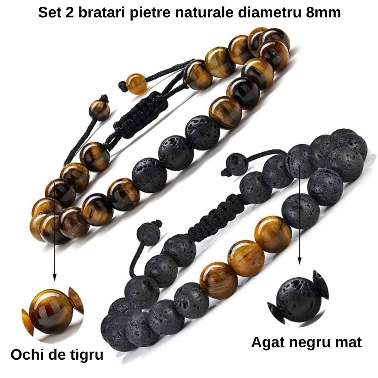 Set 2 bratari reglabile din piatra naturala ochi de tigru si piatra de lava neagra 8mm - Bratara vindecatoare, aromaterapie, difuzor de uleiuri esentiale
