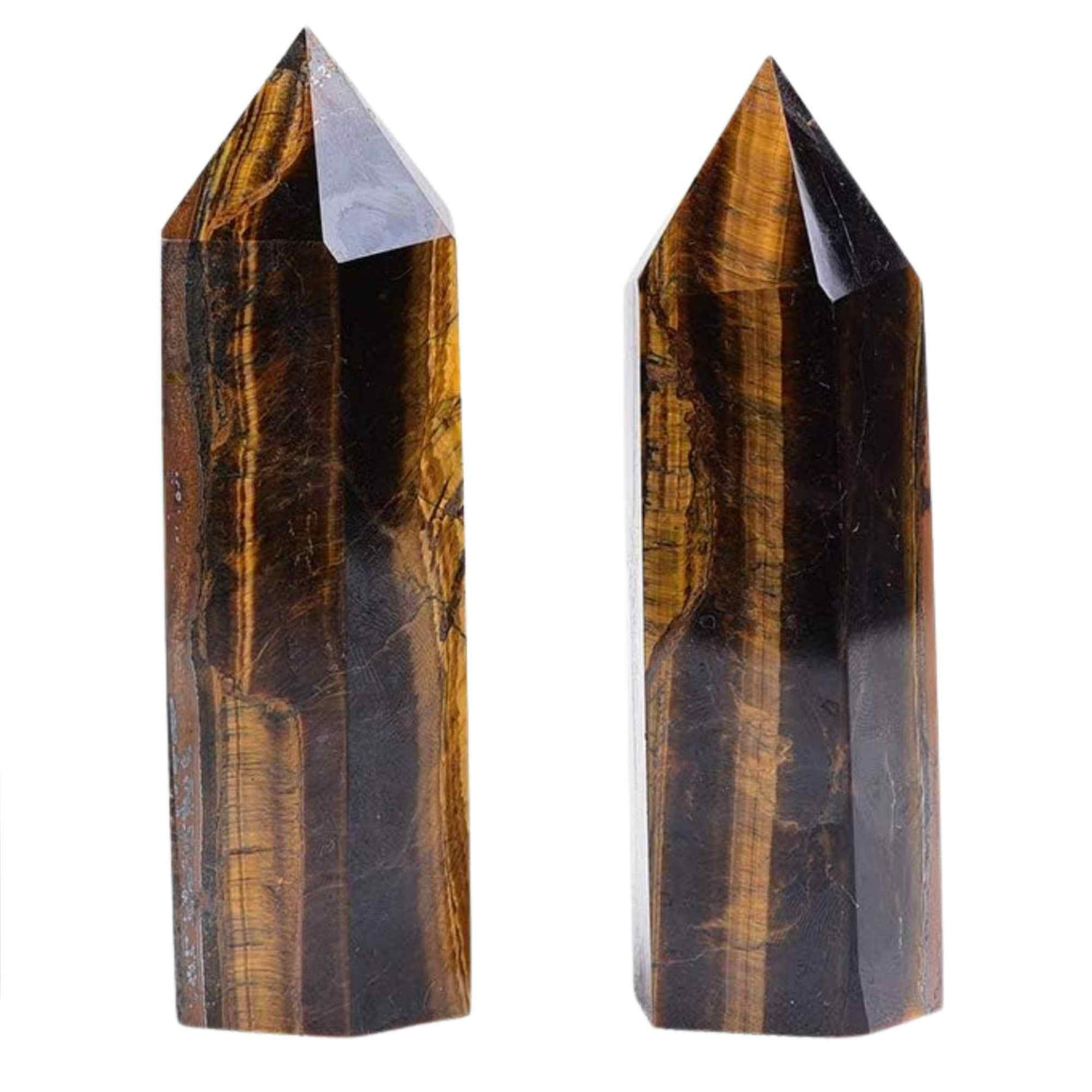 Set 2 turnuri din cristale semipretiose vindecatoare hexagonale Ochi de tigru - Obelisc cu inaltimea de 6 cm