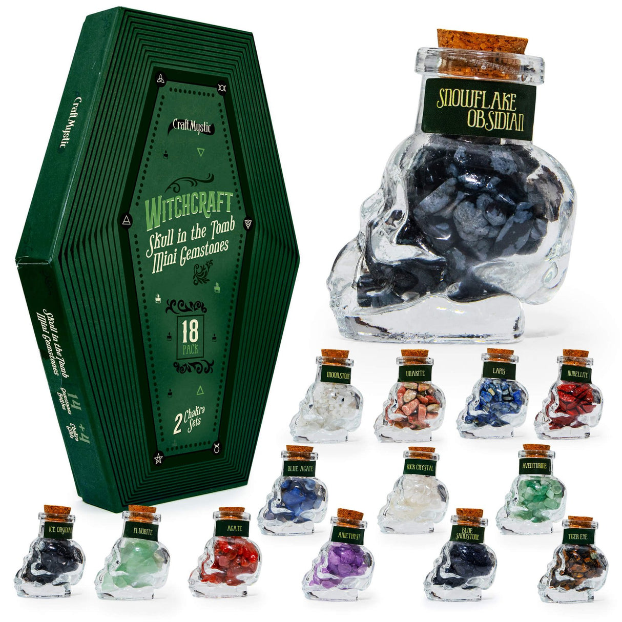 Set 14 Mini Cristale Naturale in sticlute cu forma de craniu – Un cadou perfect pentru incepatori in magie si vindecare spirituala - Cristale si pietre chakra Wiccan