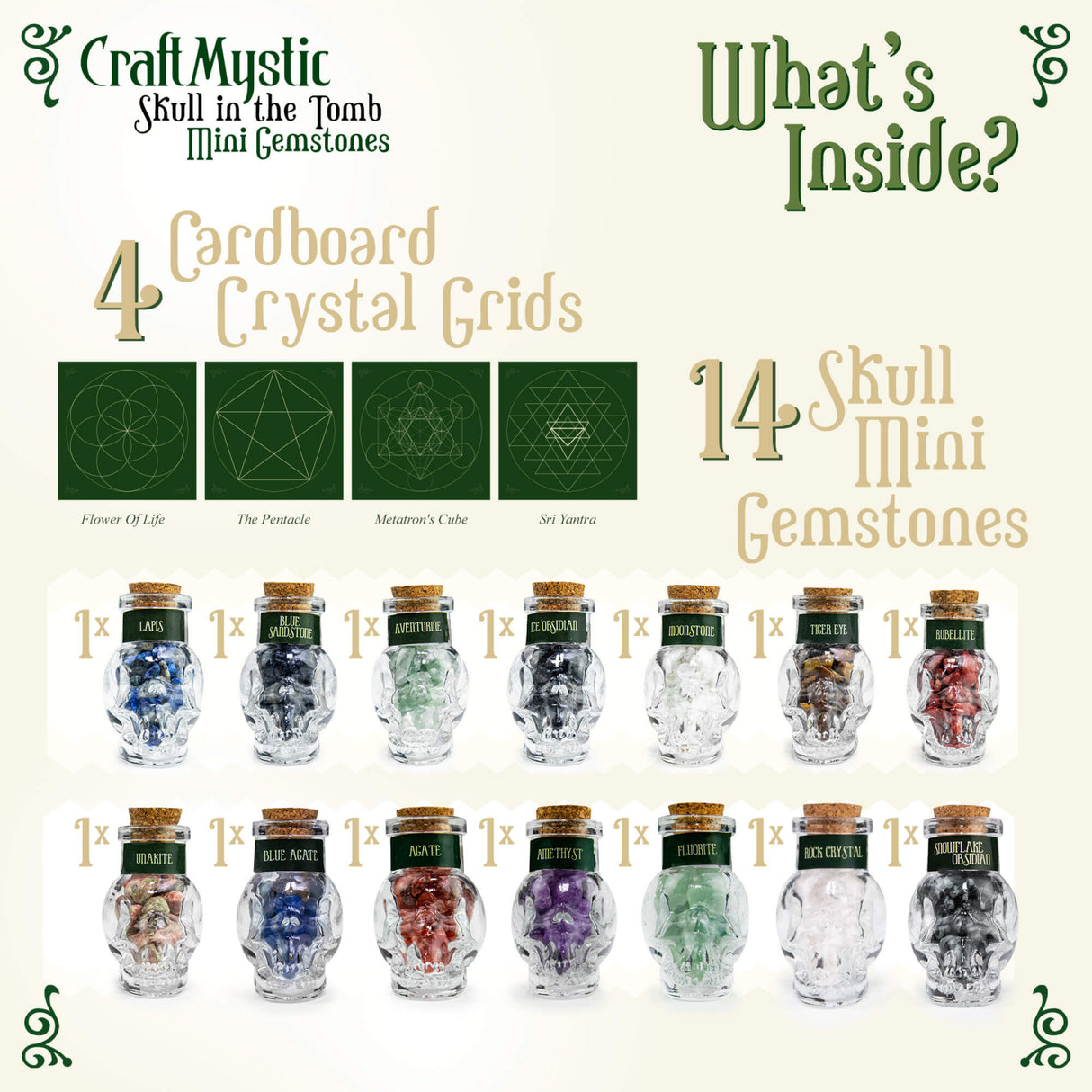 Set 14 Mini Cristale Naturale in sticlute cu forma de craniu – Un cadou perfect pentru incepatori in magie si vindecare spirituala - Cristale si pietre chakra Wiccan