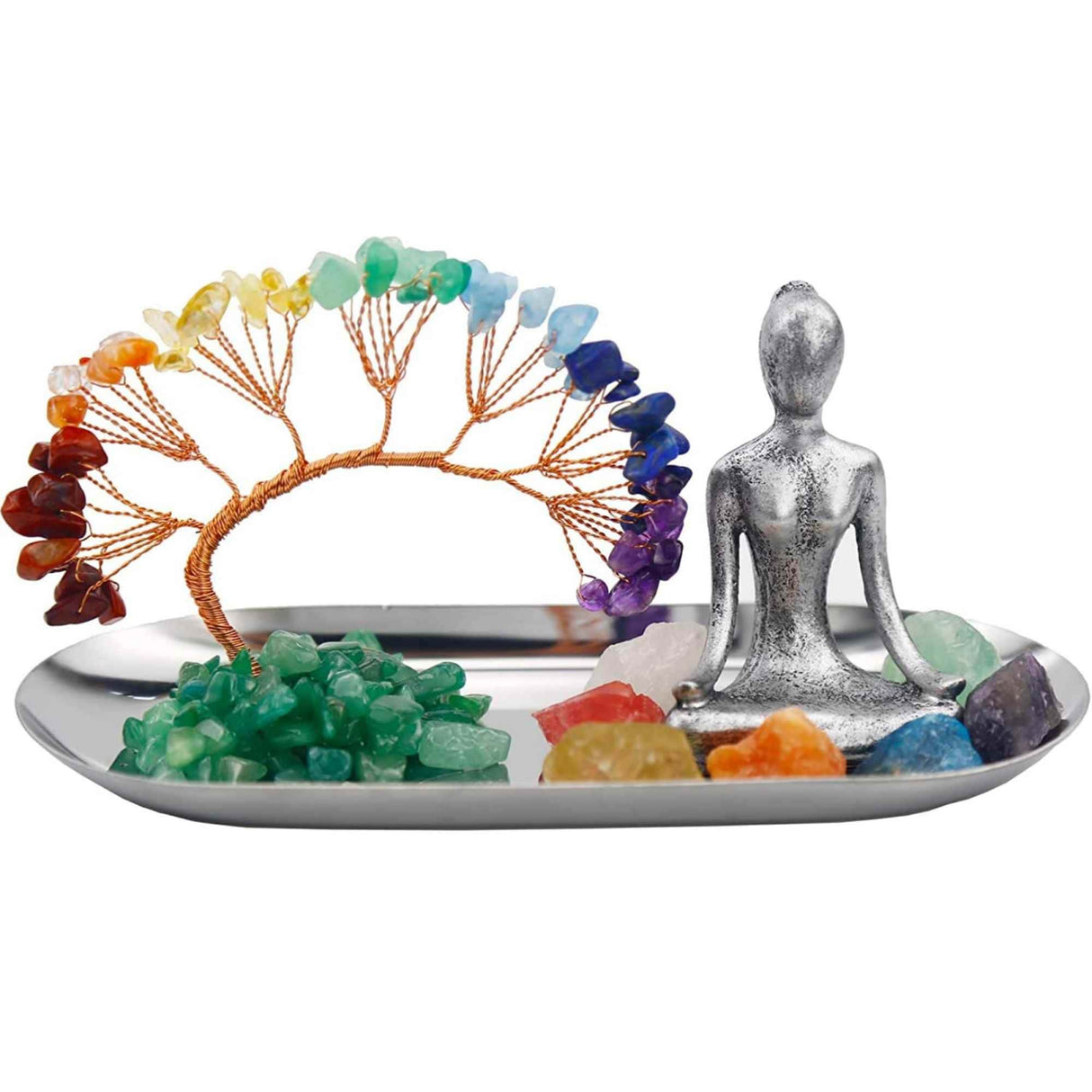 Set accesorii pentru meditatie spirituala cu 7 pietre semipretioase chakra, figurina yoga si bratara - Decor Feng Shui, ideal pentru o stare de liniste si relaxare