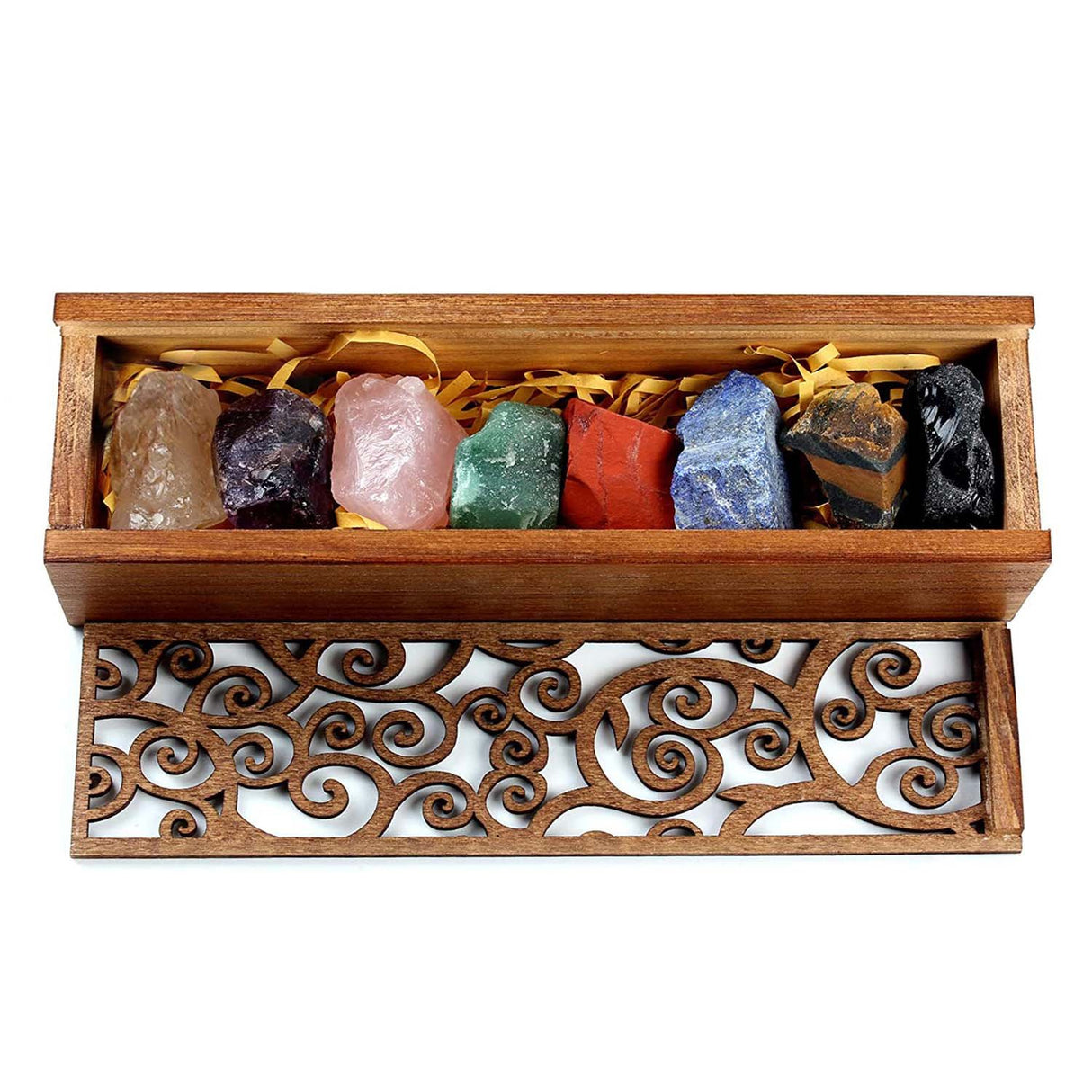 Set 8 pietre semipretioase chakra in cutie de lemn - Cristale reiki de vindecare din piatre naturale brute pentru meditatie, echilibrarea chakrelor sau ritualuri magice