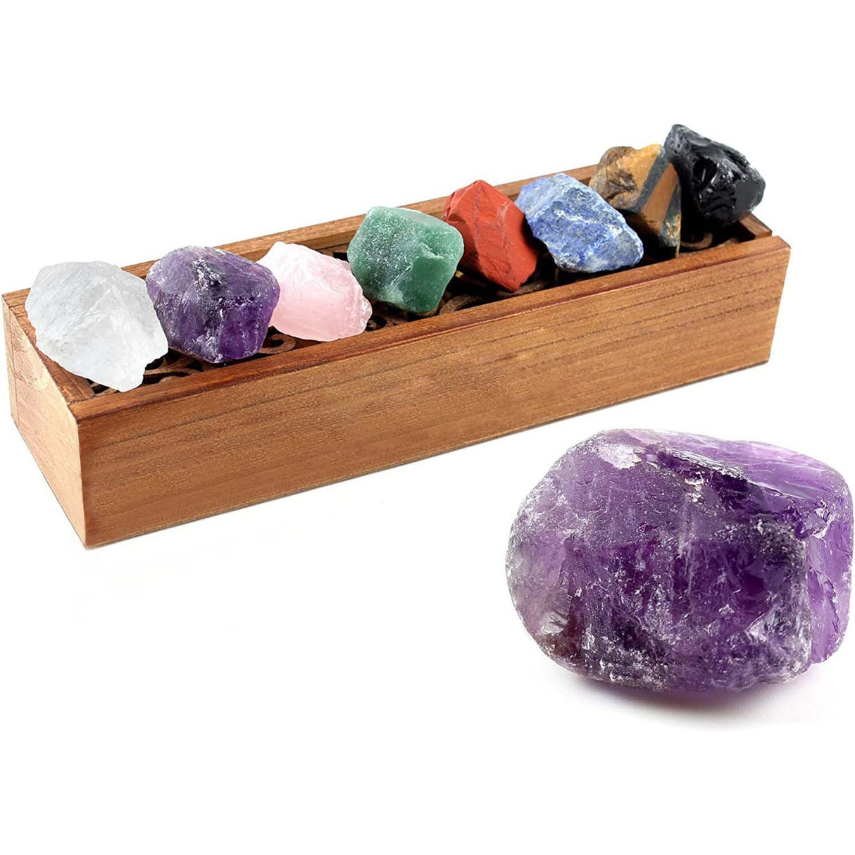 Set 8 pietre semipretioase chakra in cutie de lemn - Cristale reiki de vindecare din piatre naturale brute pentru meditatie, echilibrarea chakrelor sau ritualuri magice