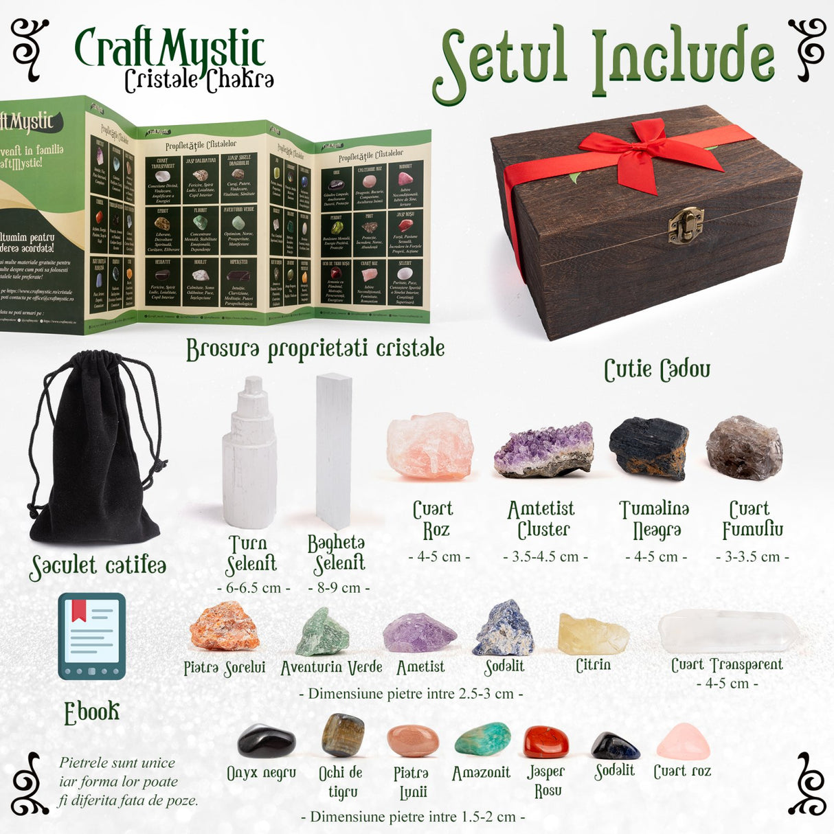 Set Cristale premium si pietre semipretioase vindecatoare in cutie de lemn maro - Contine 19 piese - turn selenit, pietre chakre, cristale brute, cluster de ametist, varf de cristal transparent, cuart