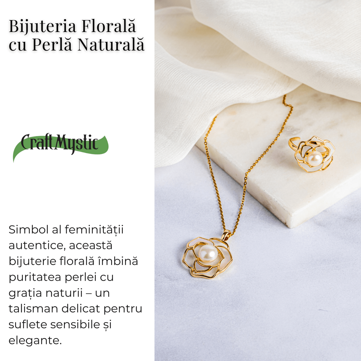Bijuterie inspirata de natura – Inel floare de camelie cu perla si scoica