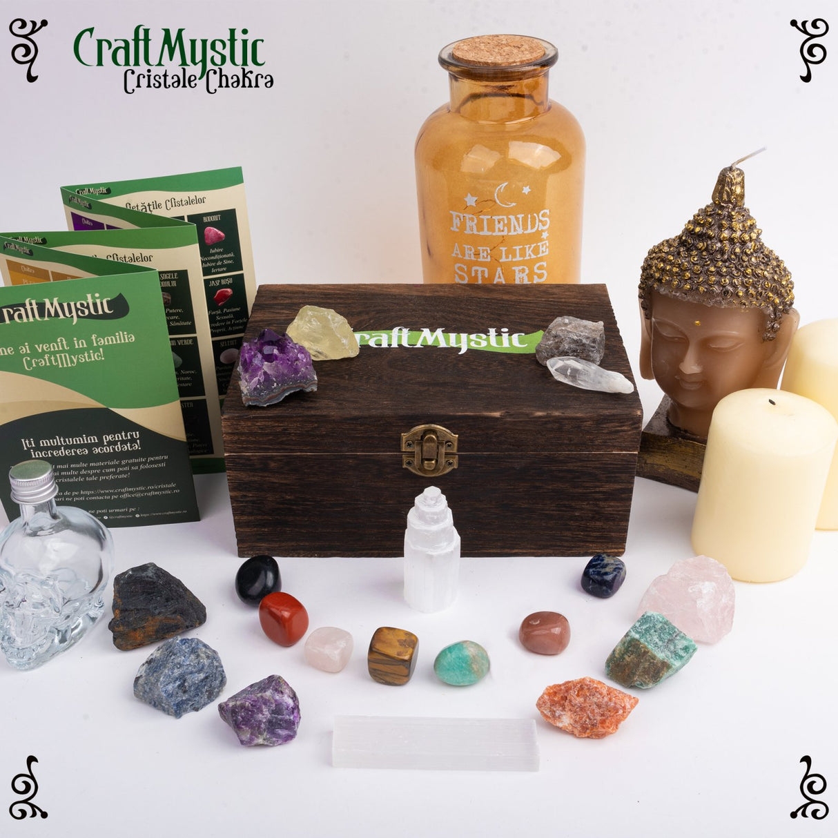 Set Cristale premium si pietre semipretioase vindecatoare in cutie de lemn maro - Contine 19 piese - turn selenit, pietre chakre, cristale brute, cluster de ametist, varf de cristal transparent, cuart