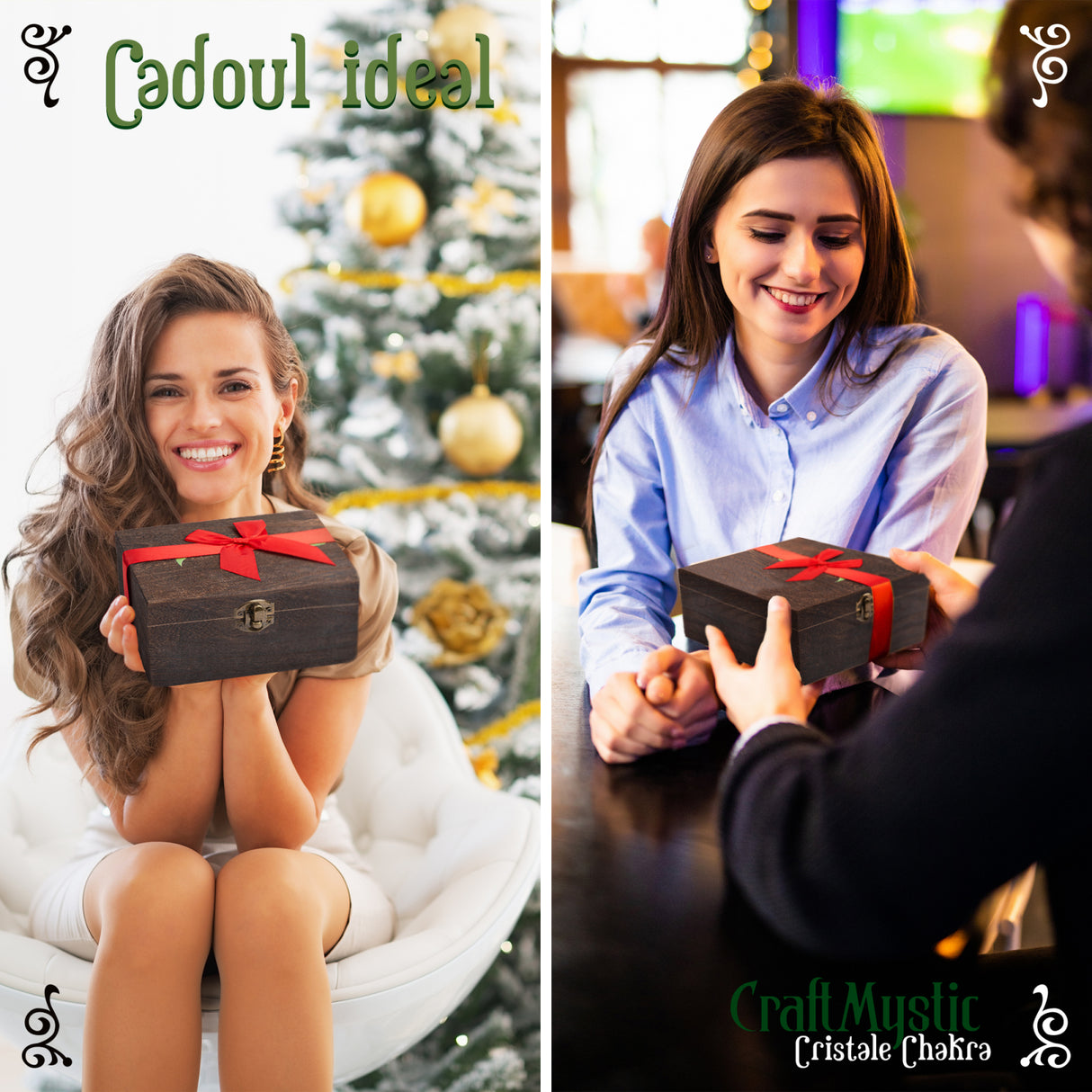 Set Cristale premium si pietre semipretioase vindecatoare in cutie de lemn maro - Contine 19 piese - turn selenit, pietre chakre, cristale brute, cluster de ametist, varf de cristal transparent, cuart