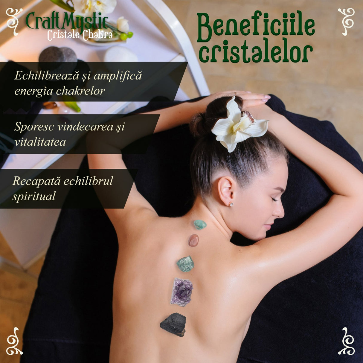 Set Cristale premium si pietre semipretioase vindecatoare in cutie de lemn maro - Contine 19 piese - turn selenit, pietre chakre, cristale brute, cluster de ametist, varf de cristal transparent, cuart