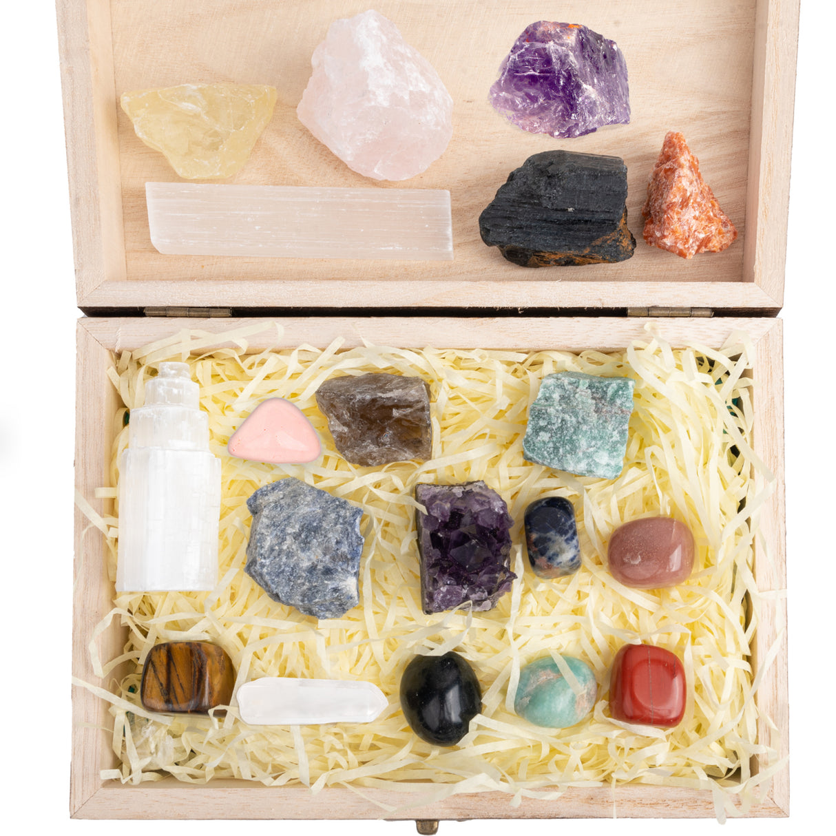 Set cristale premium si pietre semipretioase vindecatoare in cutie de lemn - 20 piese, turn selenit, pietre chakre, cristale brute, cluster de ametist, varf de cristal transparent, cuarț trandafir + brosura cu proprietatile cristalelor, ebook despre cristale CraftMystic, saculet negru catifea.