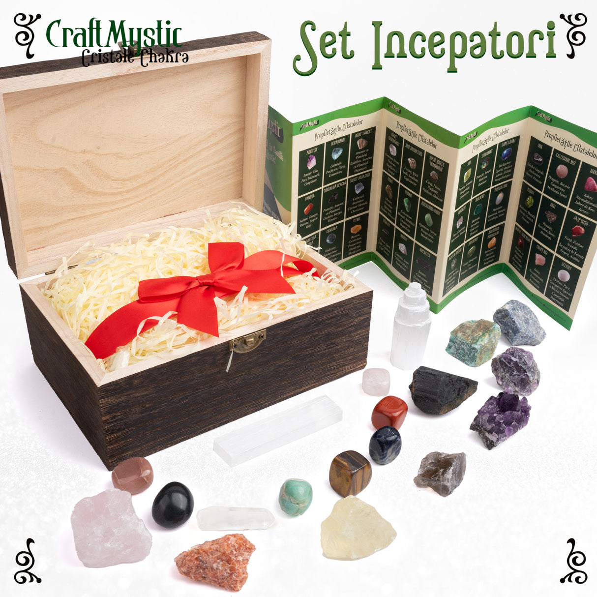 Set Cristale premium si pietre semipretioase vindecatoare in cutie de lemn maro - Contine 19 piese - turn selenit, pietre chakre, cristale brute, cluster de ametist, varf de cristal transparent, cuart