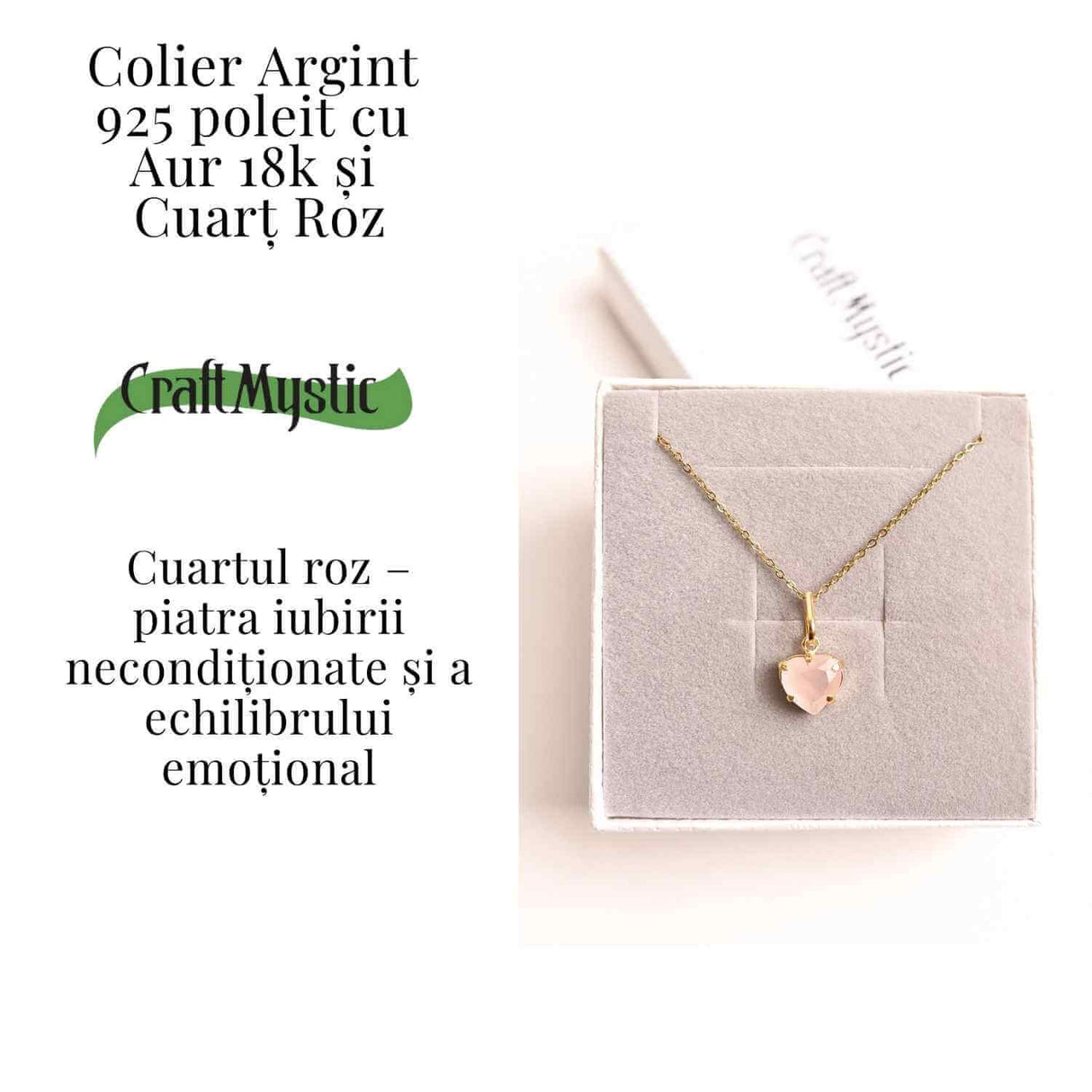 Iubire si Blandete – Colier din Argint 925 Placat cu Aur 18K cu Cuart Roz fatetat in Forma de Inima