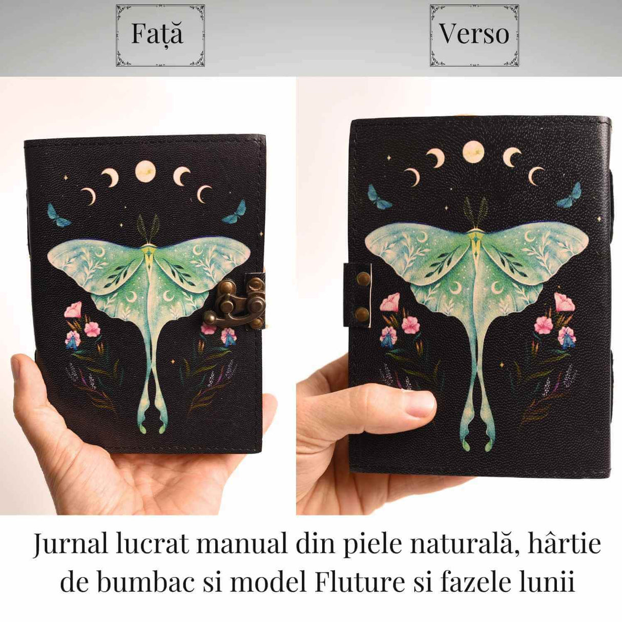Jurnal din piele naturala cu incuietoare epoca, fazele lunii si fluture – Magie si creativitate