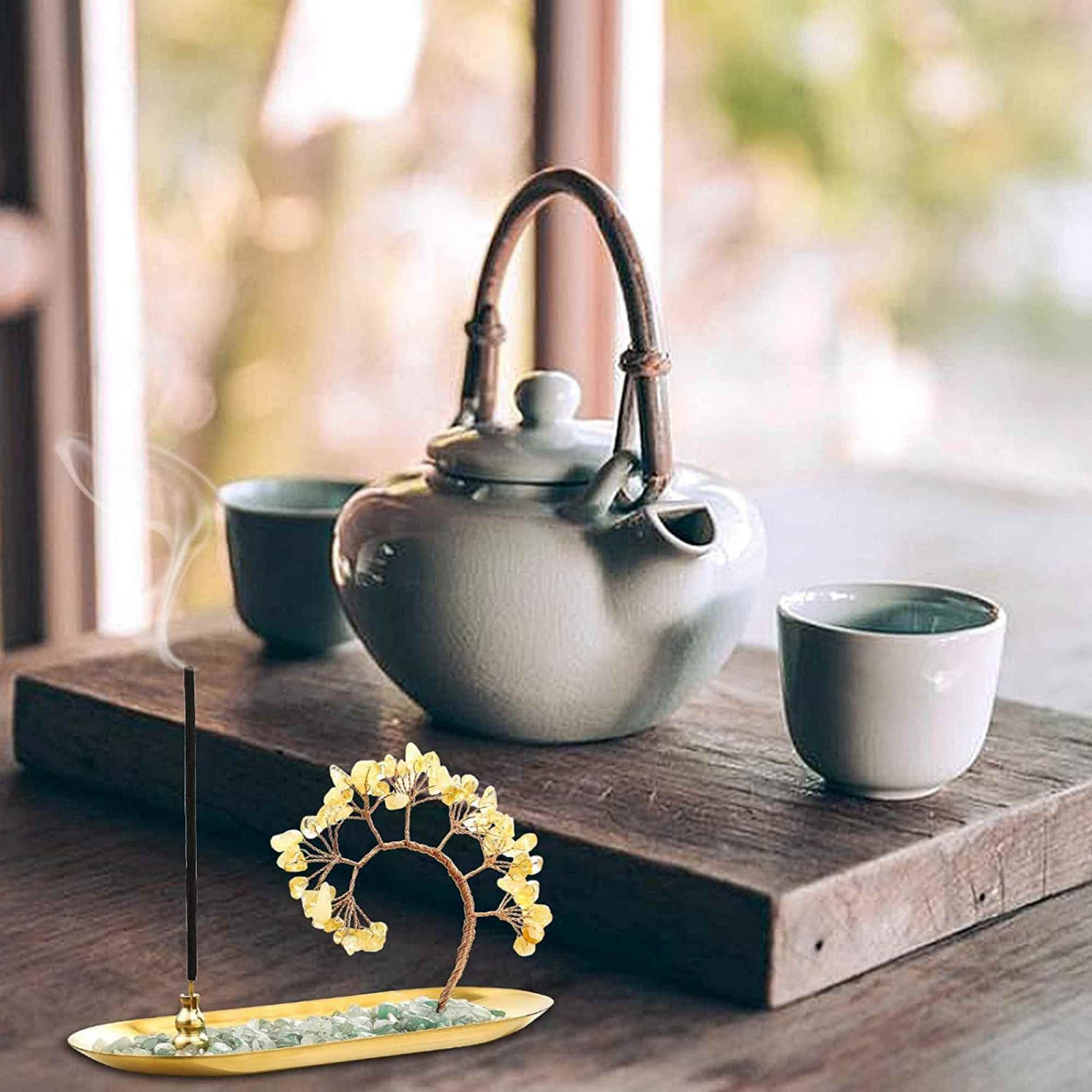 Tava cu suport pentru arzator de betisoare parfumate si copacel din cristale naturale de citrin - Pentru o stare de liniste si relaxare