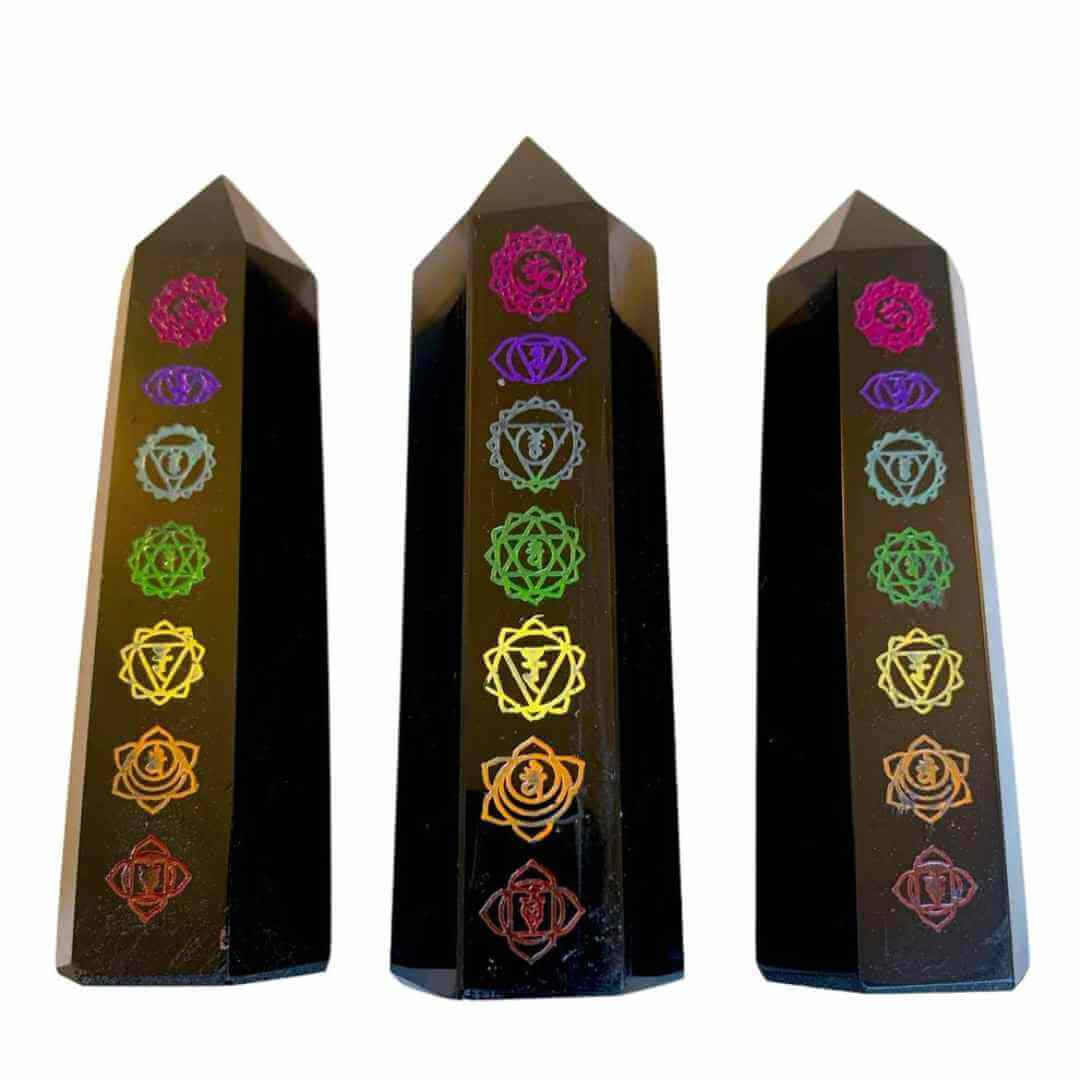 Turn de cristal din Obsidian Negru 9-10 cm cu cele 7 Chakre