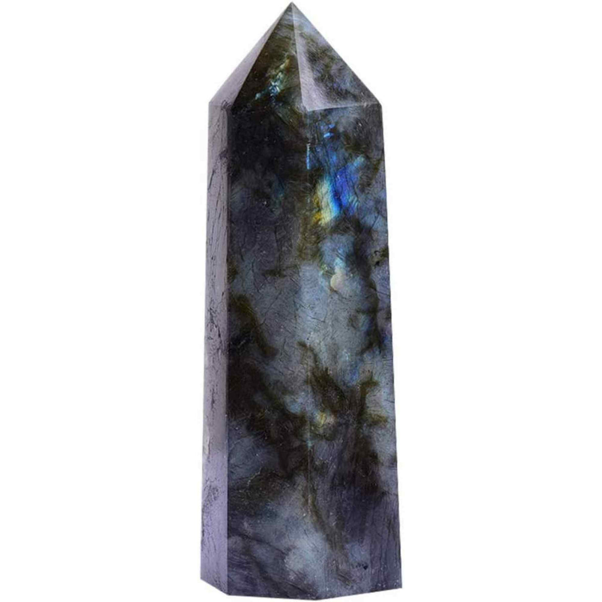 Bagheta din cristal natural de labradorit 10-11 cm - Turn de cristal vindecator, baghete mari naturale cu 6 puncte fatetate pentru Reiki, chakra, meditatie, colectie, decor acasa