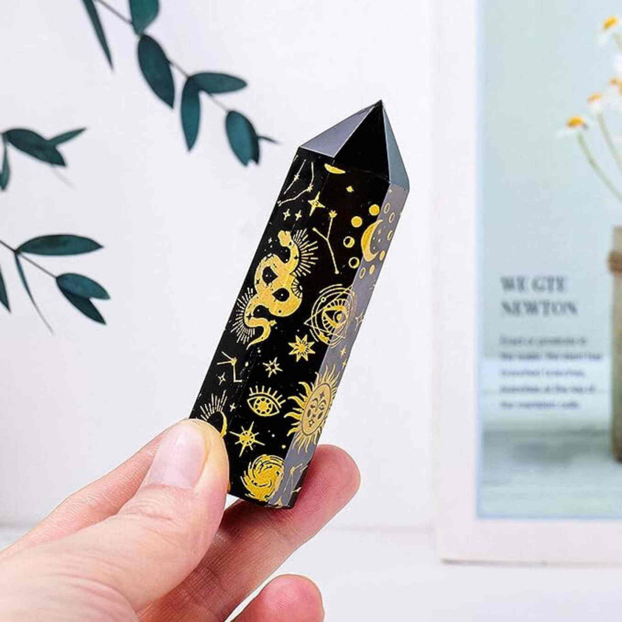 Turn din Cristal de Obsidian Natural de 9-10 cm cu Model Stea si Luna Acoperit cu Auriu - Bagheta pentru decor, meditatie