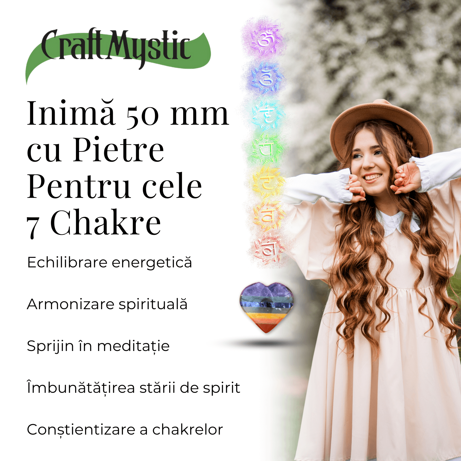 Inima Sculptata Manual de 50mm cu 7 Tipuri de Pietre Naturale pentru Cele 7 Chakre