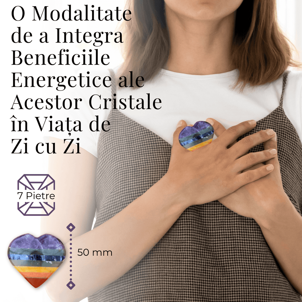 Inima Sculptata Manual de 50mm cu 7 Tipuri de Pietre Naturale pentru Cele 7 Chakre