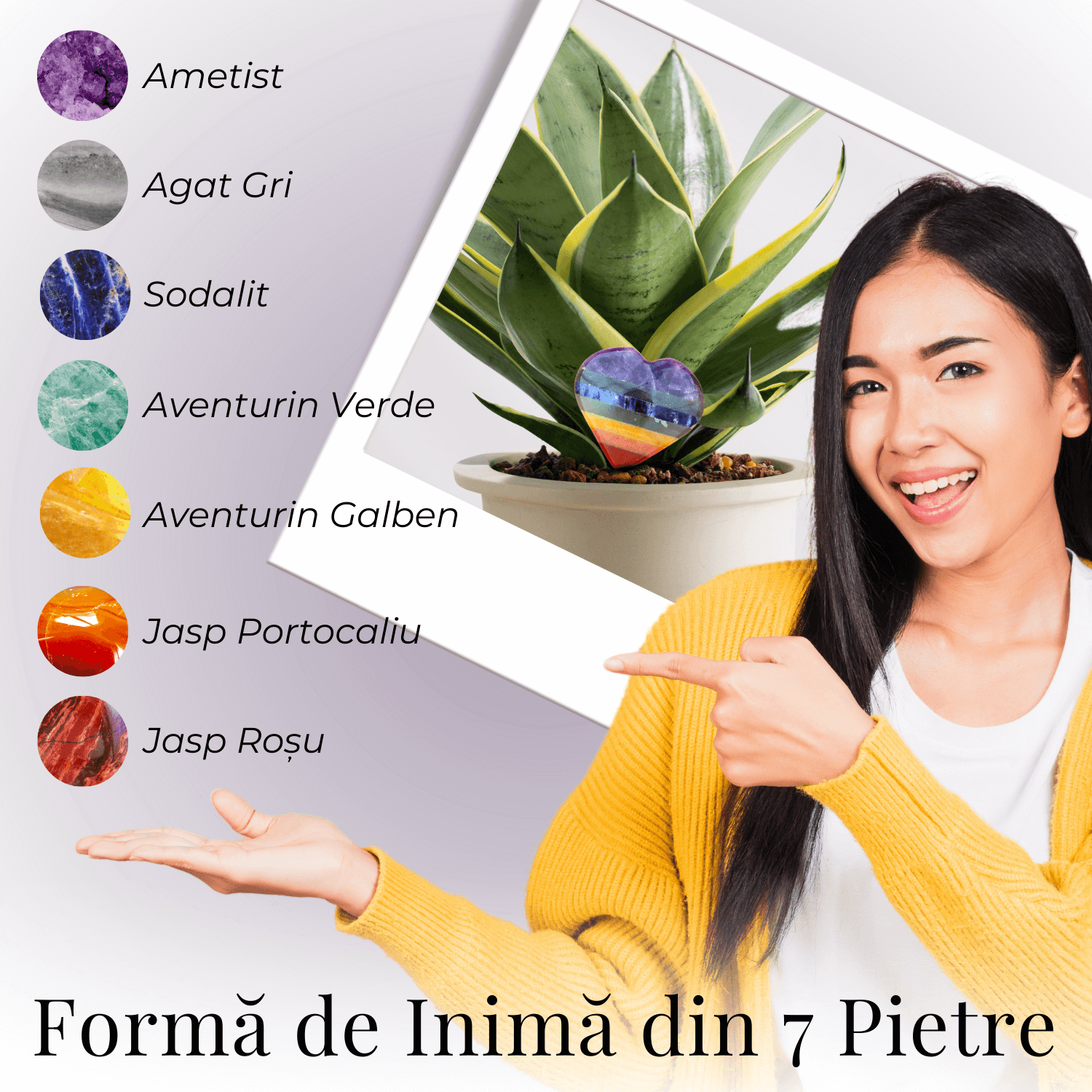 Inima Sculptata Manual de 50mm cu 7 Tipuri de Pietre Naturale pentru Cele 7 Chakre
