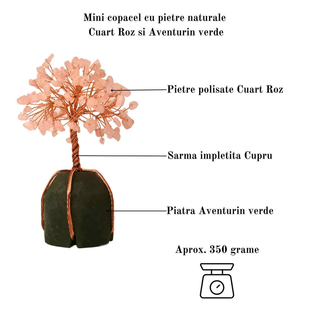 Arborele vietii 13-14 cm din pietre semipretioase polisate de cuart roz si baza de piatra naturala de aventurin verde - Copacel de cristal pentru energie pozitiva atrage norocul, decor Feng Shui, cad
