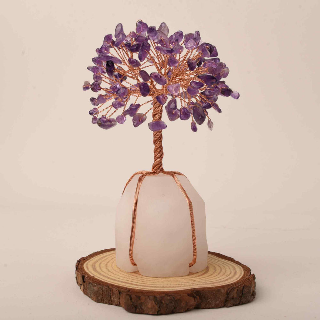 Copacel 13-14 cm din pietre semipretioase polisate de ametist si baza de piatra naturala de cuart transparent - Arbore din cristale semipretioase pentru energie pozitiva atrage norocul, decor Feng Sh