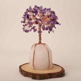 Copacel 13-14 cm din pietre semipretioase polisate de ametist si baza de piatra naturala de cuart transparent - Arbore din cristale semipretioase pentru energie pozitiva atrage norocul, decor Feng Sh