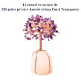 Copacel 13-14 cm din pietre semipretioase polisate de ametist si baza de piatra naturala de cuart transparent - Arbore din cristale semipretioase pentru energie pozitiva atrage norocul, decor Feng Sh