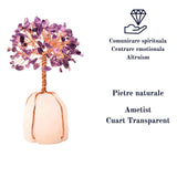 Copacel 13-14 cm din pietre semipretioase polisate de ametist si baza de piatra naturala de cuart transparent - Arbore din cristale semipretioase pentru energie pozitiva atrage norocul, decor Feng Sh