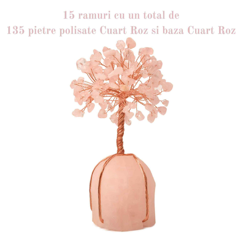Arborele vietii 13-14 cm din pietre semipretioase polisate de cuart roz si baza de piatra naturala de cuart roz - Copacel de cristal pentru energie pozitiva atrage norocul, decor Feng Shui, cadou spi