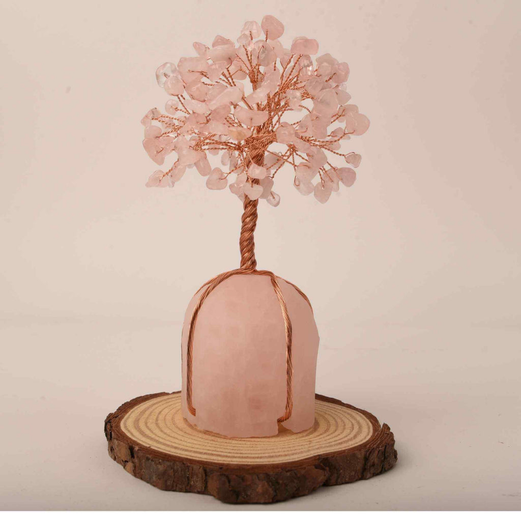 Arborele vietii 13-14 cm din pietre semipretioase polisate de cuart roz si baza de piatra naturala de cuart roz - Copacel de cristal pentru energie pozitiva atrage norocul, decor Feng Shui, cadou spi