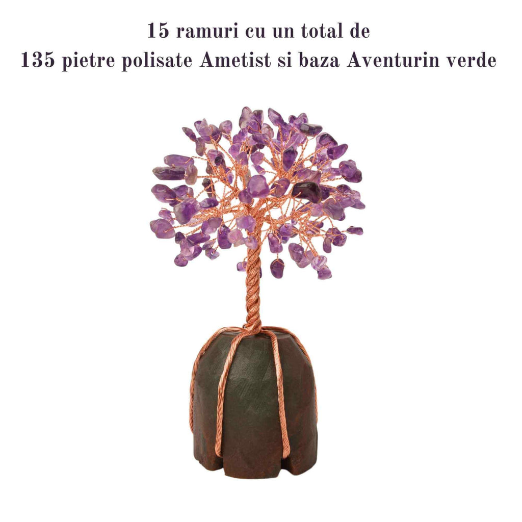 Copacel 13-14 cm din pietre semipretioase polisate de ametist si baza de piatra naturala de aventurin verde - Arbore din cristale semipretioase pentru energie pozitiva, cadou spiritual
