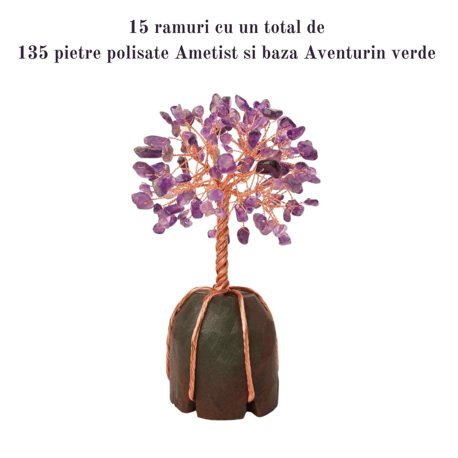 Copacel 13-14 cm din pietre semipretioase polisate de ametist si baza de piatra naturala de aventurin verde - Arbore din cristale semipretioase pentru energie pozitiva, cadou spiritual