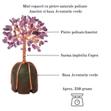 Copacel 13-14 cm din pietre semipretioase polisate de ametist si baza de piatra naturala de aventurin verde - Arbore din cristale semipretioase pentru energie pozitiva, cadou spiritual