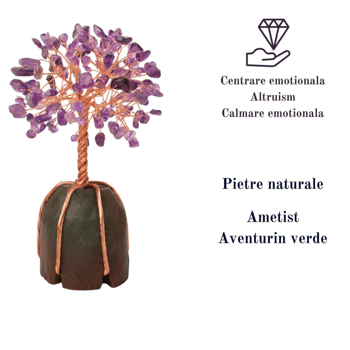 Copacel 13-14 cm din pietre semipretioase polisate de ametist si baza de piatra naturala de aventurin verde - Arbore din cristale semipretioase pentru energie pozitiva, cadou spiritual