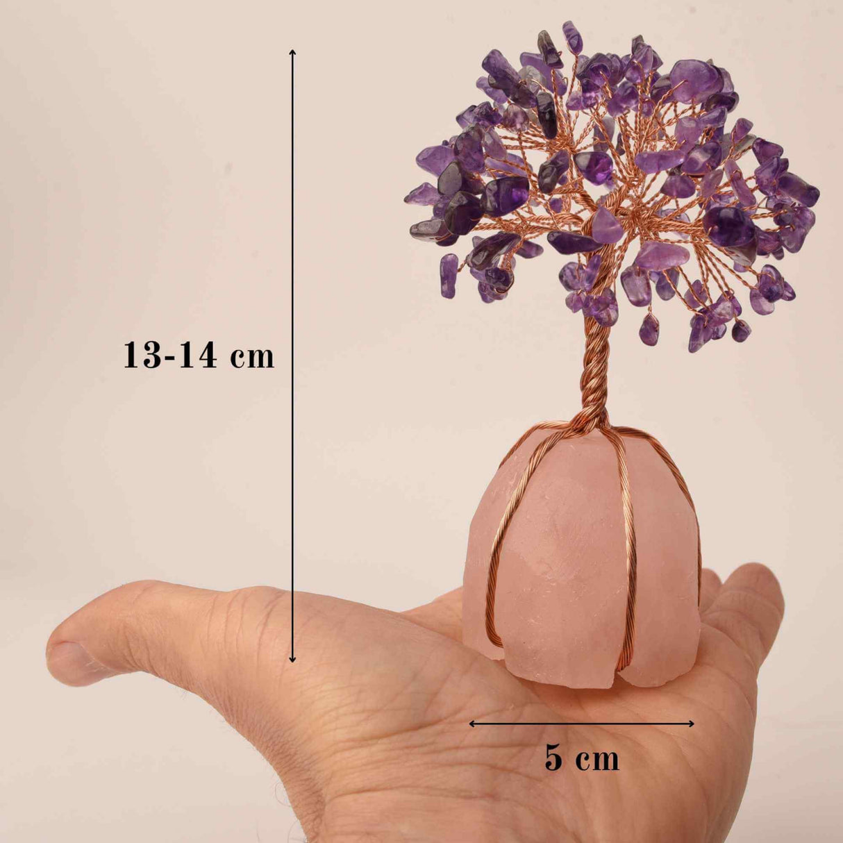 Copacel 13-14 cm din pietre semipretioase polisate de ametist si baza de piatra naturala de cuart roz - Arbore din cristale semipretioase pentru energie pozitiva, cadou spiritual