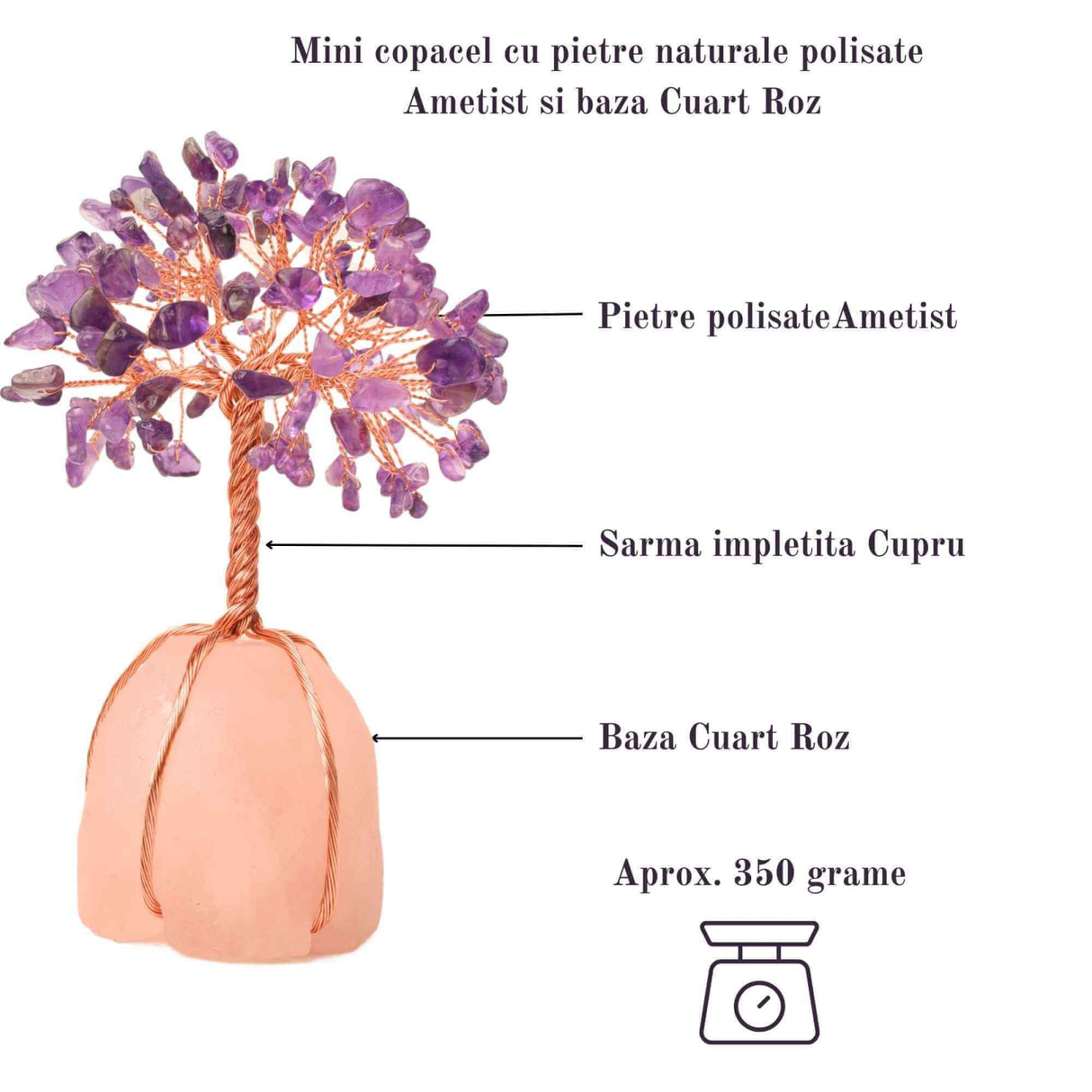 Copacel 13-14 cm din pietre semipretioase polisate de ametist si baza de piatra naturala de cuart roz - Arbore din cristale semipretioase pentru energie pozitiva, cadou spiritual
