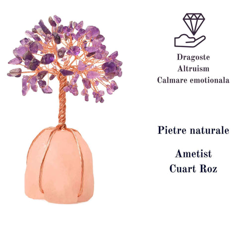 Copacel 13-14 cm din pietre semipretioase polisate de ametist si baza de piatra naturala de cuart roz - Arbore din cristale semipretioase pentru energie pozitiva, cadou spiritual