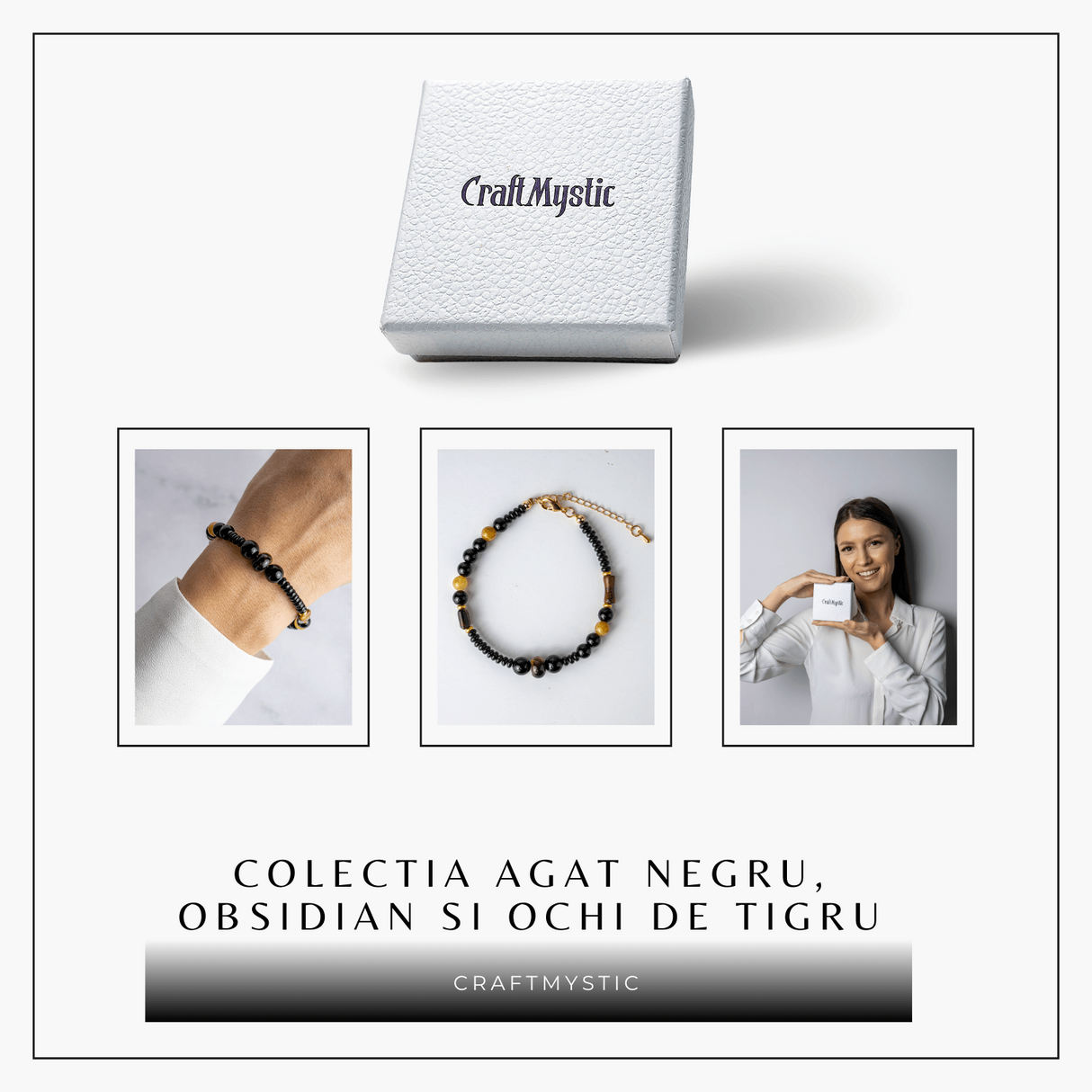 Scut Energetic – Bratara cu Agat Negru, Obsidian si Ochi de Tigru