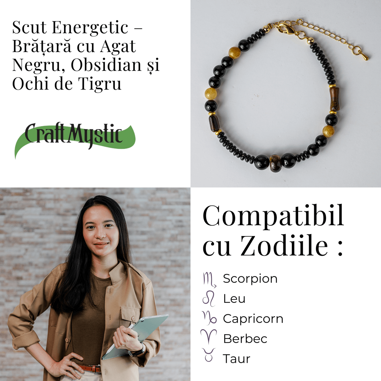 Scut Energetic – Bratara cu Agat Negru, Obsidian si Ochi de Tigru