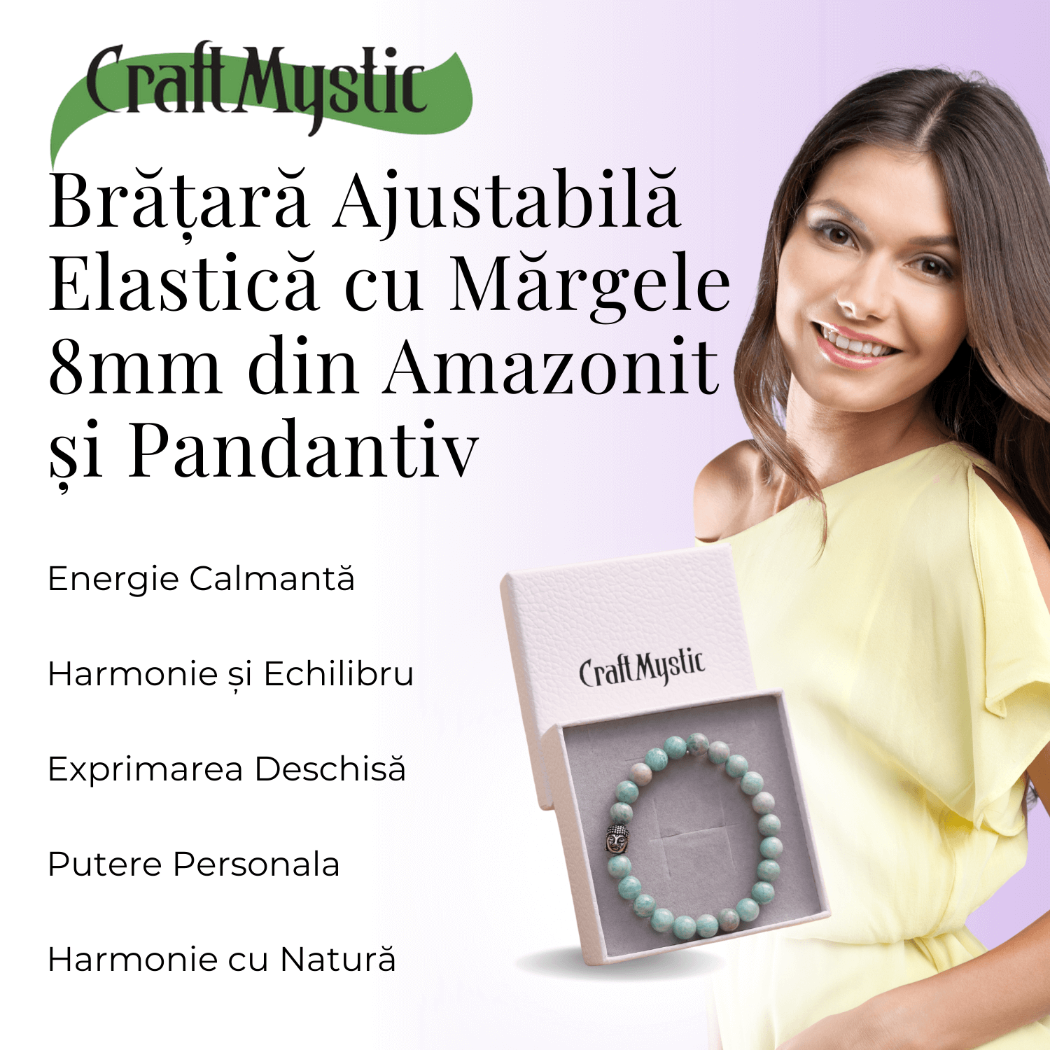 Bratara Elastica cu Margele 8mm din Amazonit Natural si Pandantiv Buddha