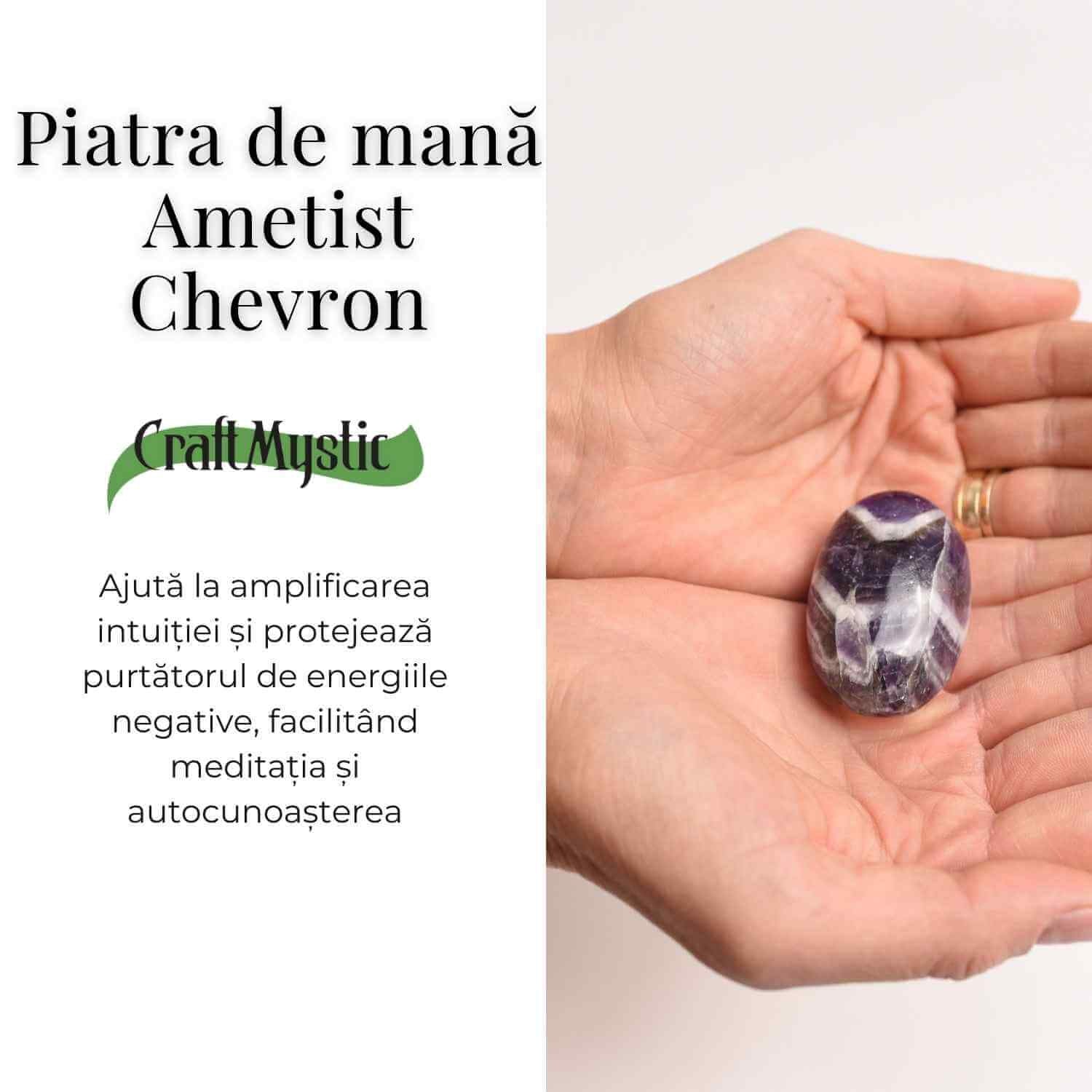 Piatra Ovala Sculptata din Ametist Chevron, Claritate si Protectie - Piatra de Mana