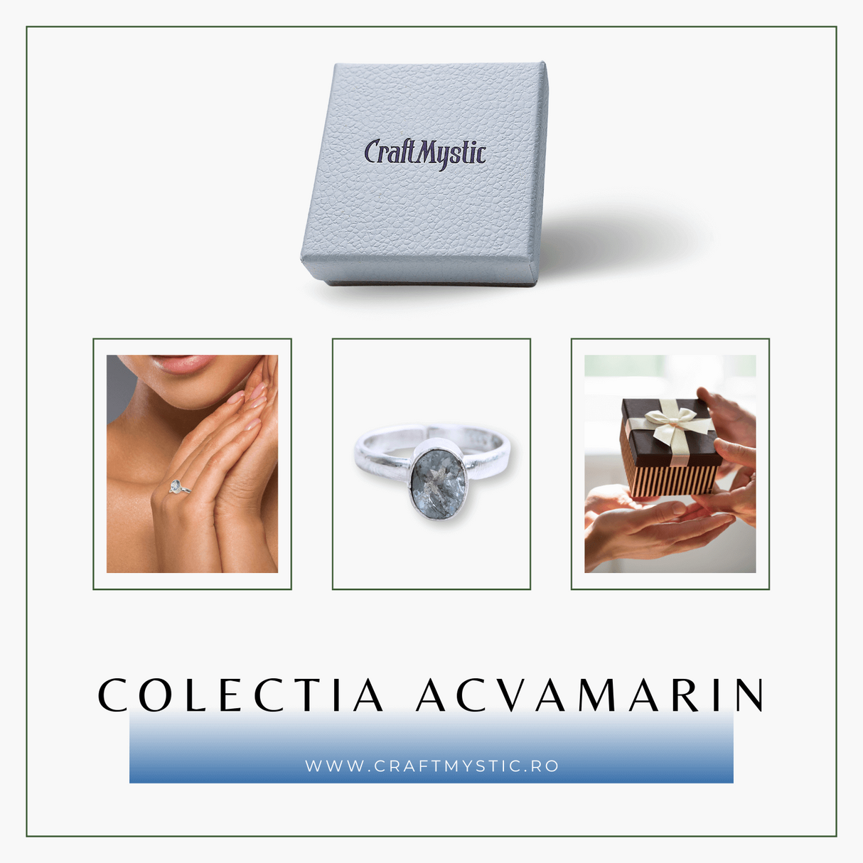  Inel Reglabil din Argint 925 cu Piatra Naturala de Acvamarin