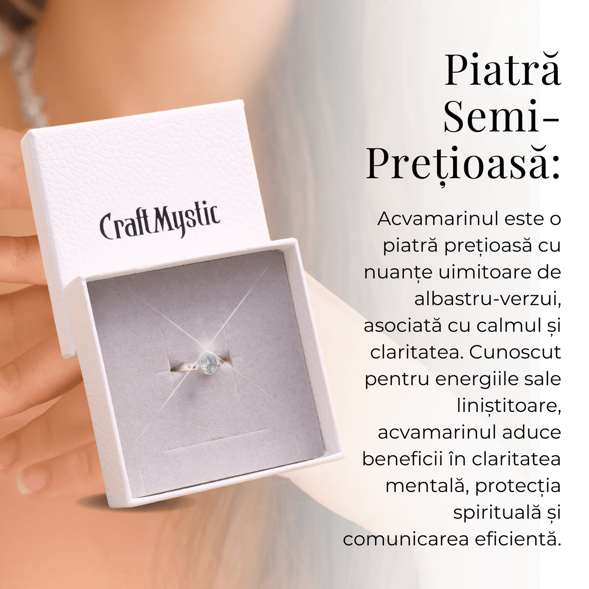  Inel Reglabil din Argint 925 cu Piatra Naturala de Acvamarin