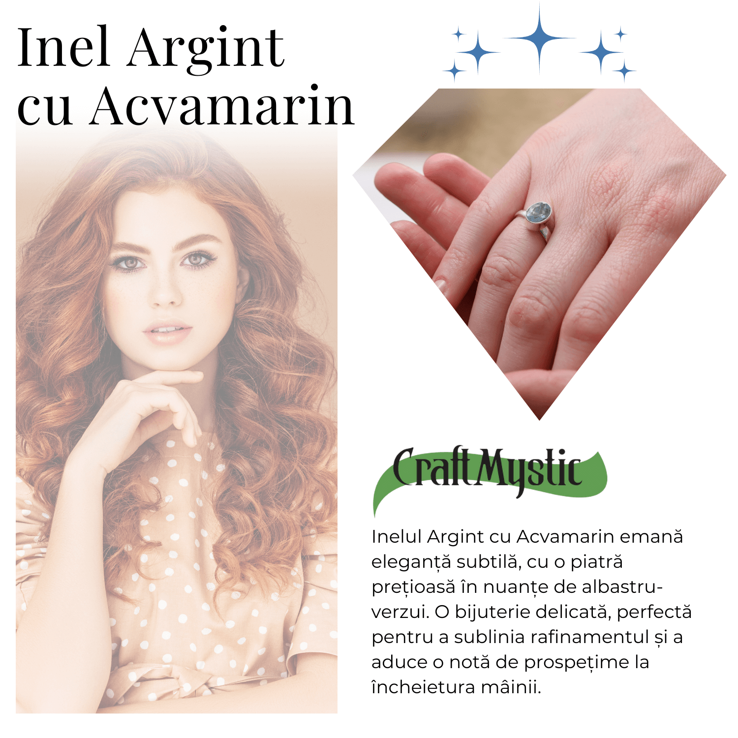  Inel Reglabil din Argint 925 cu Piatra Naturala de Acvamarin