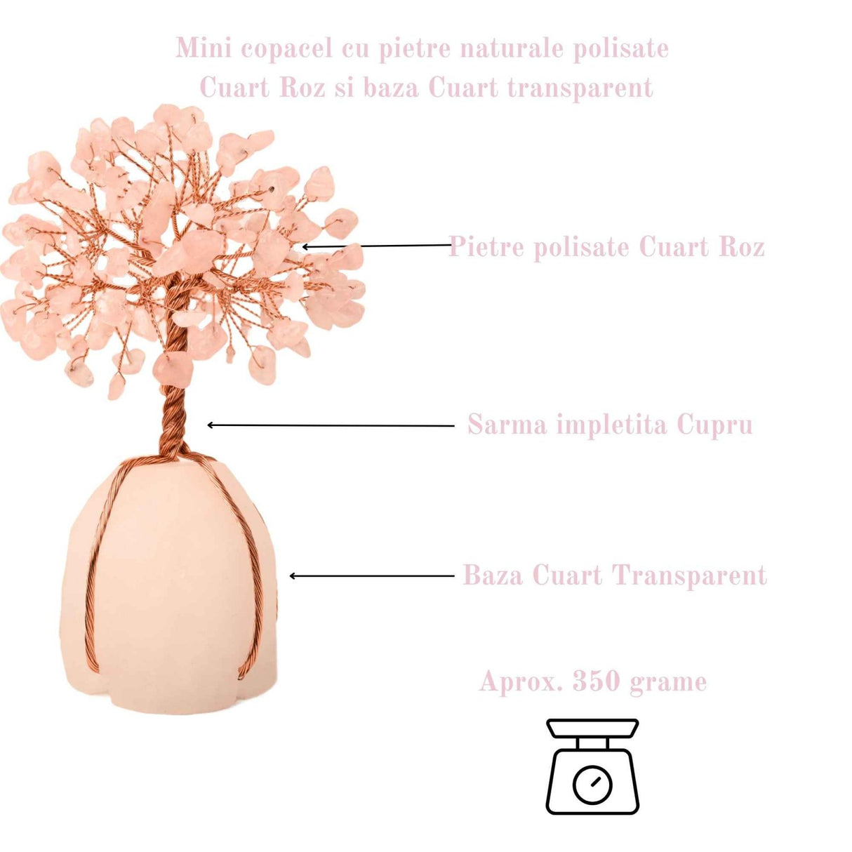 Arborele vietii 13-14 cm din pietre semipretioase polisate de cuart roz si baza de piatra naturala de cuart transparent - Copacel de cristal pentru energie pozitiva atrage norocul, decor Feng Shui, c