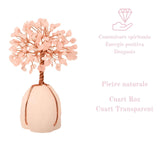 Arborele vietii 13-14 cm din pietre semipretioase polisate de cuart roz si baza de piatra naturala de cuart transparent - Copacel de cristal pentru energie pozitiva atrage norocul, decor Feng Shui, c