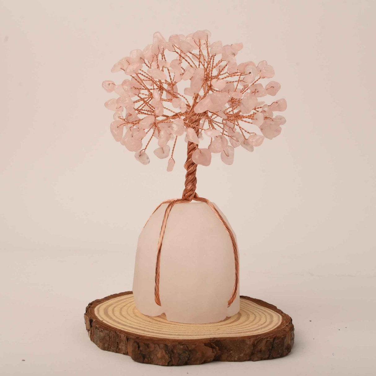 Arborele vietii 13-14 cm din pietre semipretioase polisate de cuart roz si baza de piatra naturala de cuart transparent - Copacel de cristal pentru energie pozitiva atrage norocul, decor Feng Shui, c