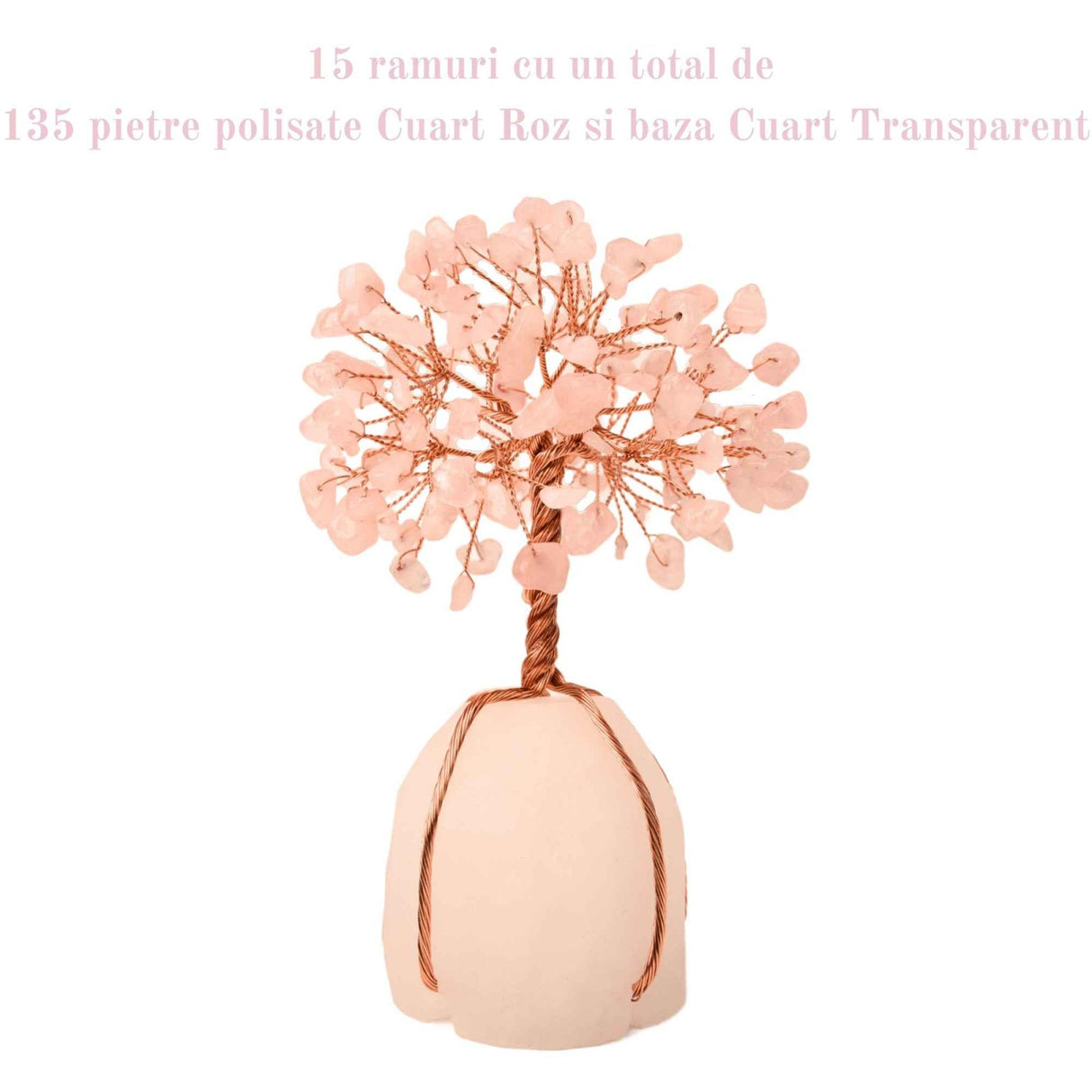 Arborele vietii 13-14 cm din pietre semipretioase polisate de cuart roz si baza de piatra naturala de cuart transparent - Copacel de cristal pentru energie pozitiva atrage norocul, decor Feng Shui, c