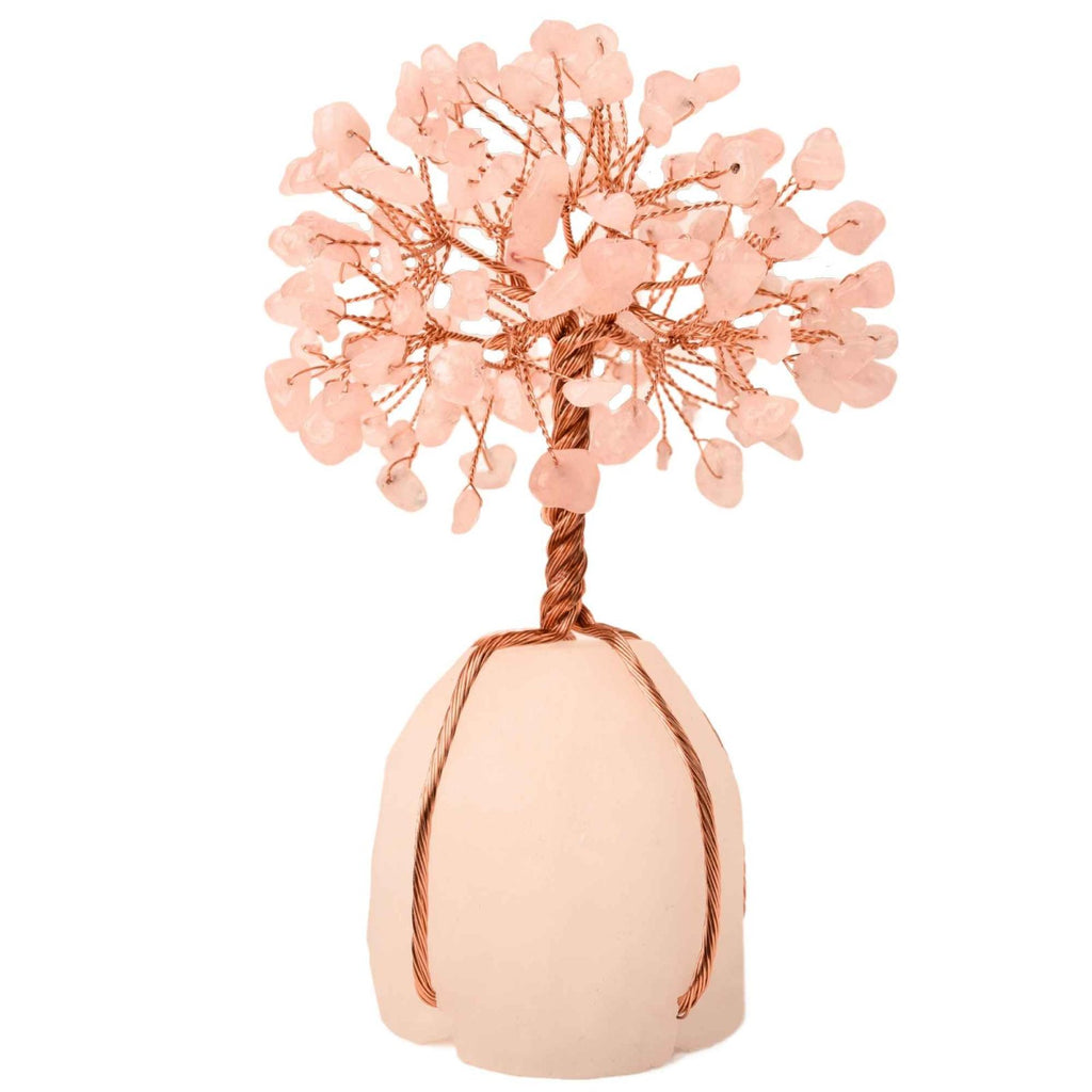 Arborele vietii 13-14 cm din pietre semipretioase polisate de cuart roz si baza de piatra naturala de cuart transparent - Copacel de cristal pentru energie pozitiva atrage norocul, decor Feng Shui, cadou spiritual