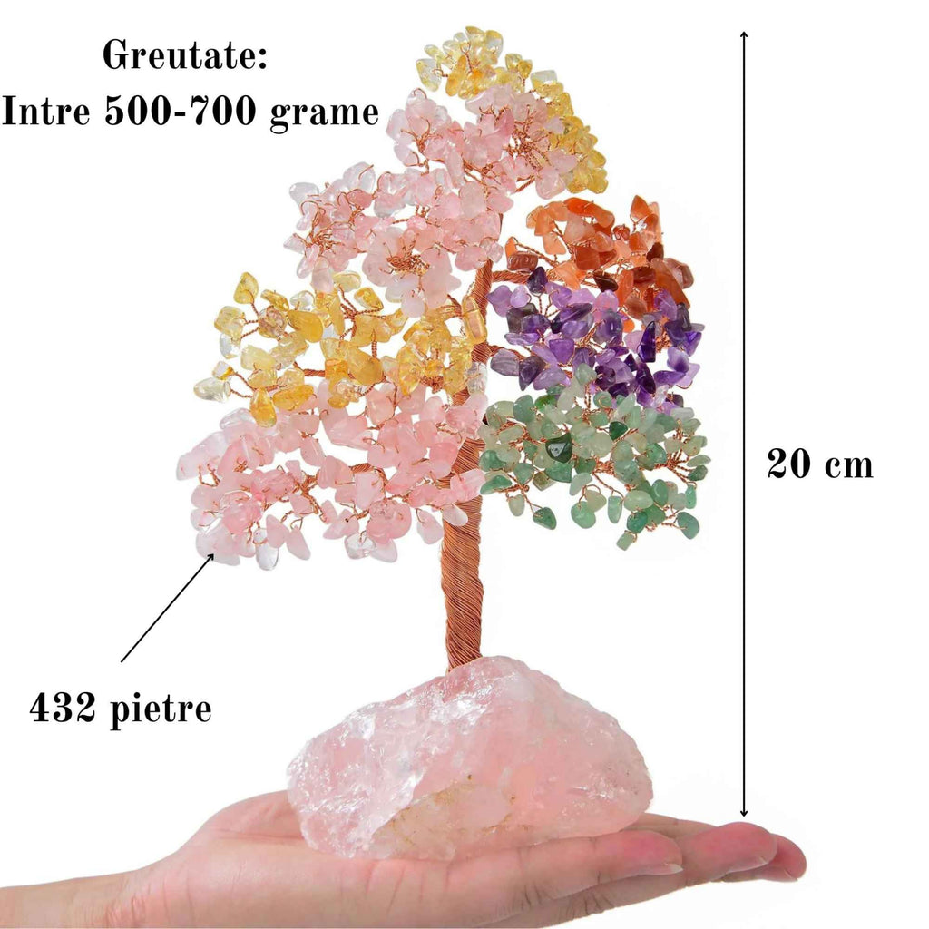 Arborele vietii premium din cristale naturale Chakra cu baza de cuart roz cu proprietati vindecatoare - Bonsai Feng Shui pentru vindecare si noroc 20 cm si 432 mini pietre naturale si baza din cristal